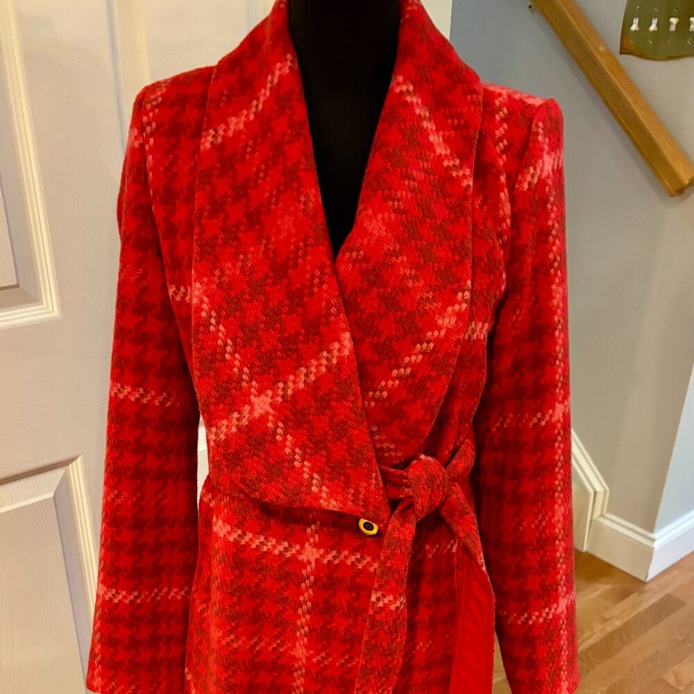 cabi Evita Coat Red Plaid Wool-Blend Wrap Coat | Size S | Style 4295 | NWOT